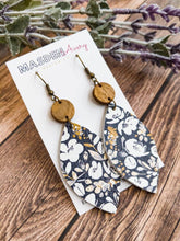 Load image into Gallery viewer, Leather and Wood Navy Floral Earrings
