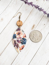 Load image into Gallery viewer, Leather and Wood Navy Floral Earrings