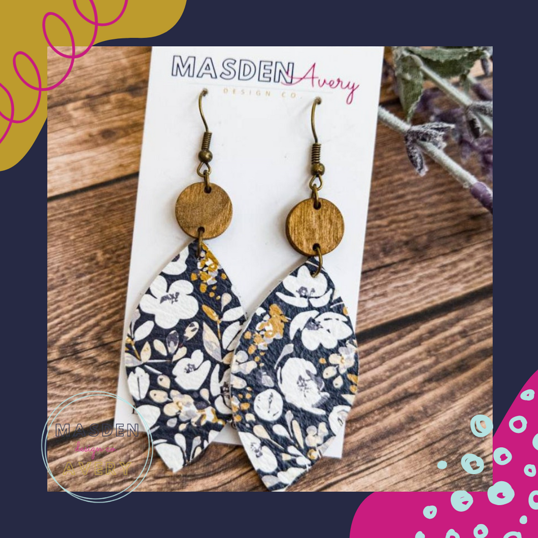 Leather and Wood Navy Floral Earrings